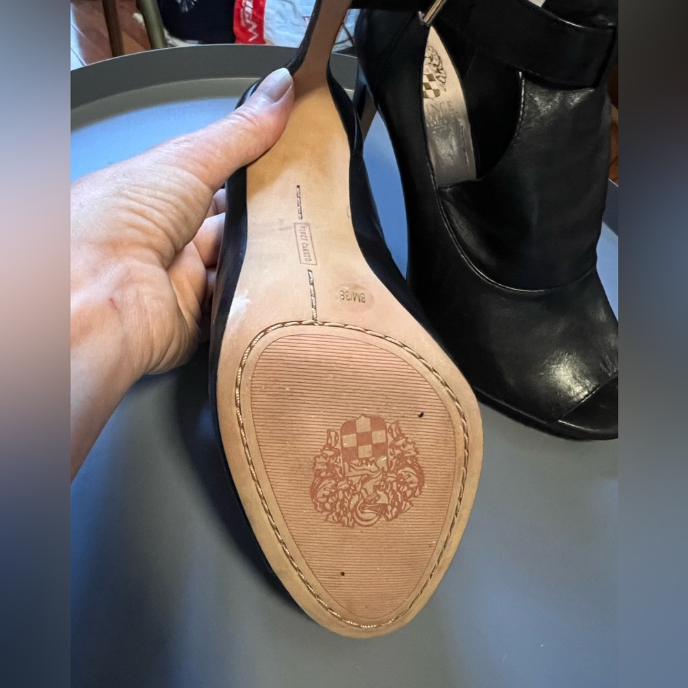 Vince Camuto Black Leather Peep-Toe Ankle-Strap Stilettos - Picture 5 of 16